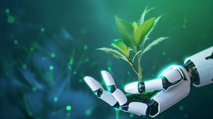 Green Technology, Technology and Futuristic Ethic Business Concept, Robot holding a plant, Anti-global warming economy
