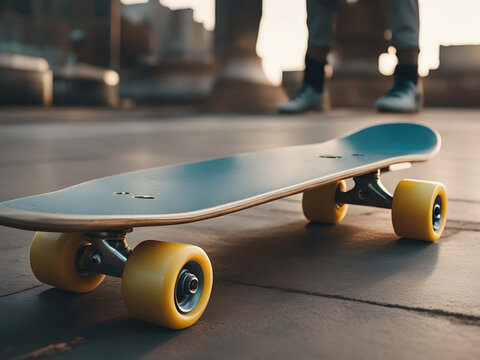 Close-up Of Blue Skateboard With Yellow Wheels On Sidewalk. Person In Background Out Of Focus.