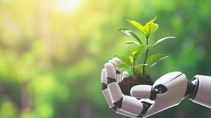 Green Technology, Technology and Futuristic Ethic Business Concept, Robot holding a plant, Anti-global warming economy - obrazy, fototapety, plakaty