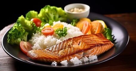 A Mouth-Watering Salmon Steak with Rice and Salads Artfully Presented on a Wooden Table