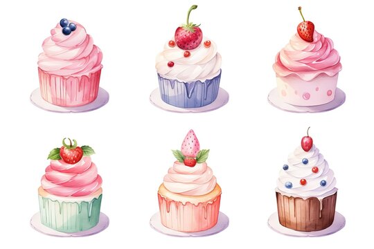 watercolor illustration with grungy texture, cute fruit cake , collection set isolated on white background,  idea for junk journal or scrapbook design, generative Ai