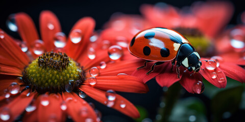 Ladybug traverses dew-kissed petals of a daisy, with a soft focus on the water droplets surrounding it