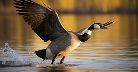 Large wild goose with black head and neck flight above the water - obrazy, fototapety, plakaty