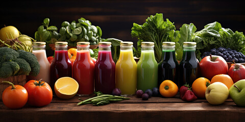 Collection of organic produce and bottled juices on a wooden table