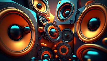abstract music background with speakers , Hyper realistic, wallpaper, background , 32k, sharp image, hyper realistic wallpaper, octane render, full bright light, Ai generated image - obrazy, fototapety, plakaty