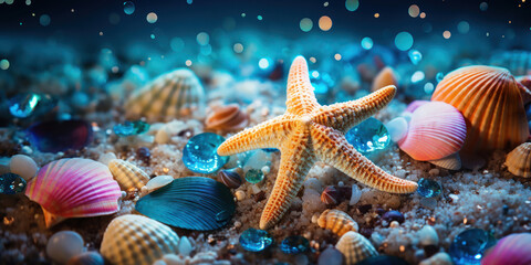 Pastel colored seashells adorned with glittering pearls lie scattered across a starry deep blue ocean floor