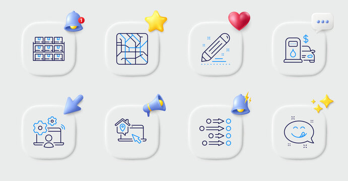 Boxes Shelf, Order And Brand Contract Line Icons. Buttons With 3d Bell, Chat Speech, Cursor. Pack Of Filling Station, Metro Map, Online Job Icon. Work Home, Yummy Smile Pictogram. Vector