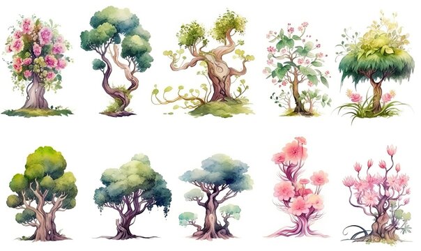 watercolor illustration with grungy texture, fantasy fairytale forest tree , collection set isolated on white background,  idea for junk journal or scrapbook design, generative Ai