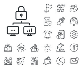 Network protection sign. Salaryman, gender equality and alert bell outline icons. Lock line icon. Security padlock symbol. Lock line sign. Spy or profile placeholder icon. Vector