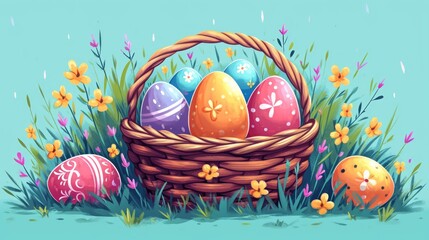 Easter eggs in a basket, pastel cartoon illustration. On colorful background. 
