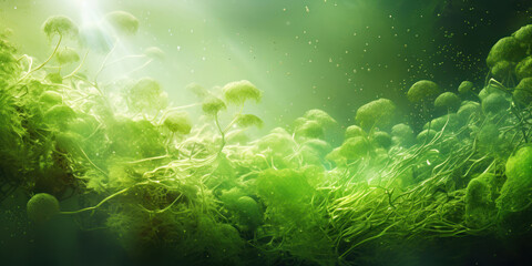 Network of algae blooms in a bright lime sea, teeming with cellular activity - obrazy, fototapety, plakaty