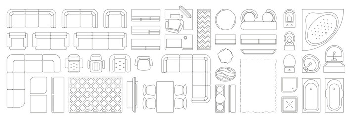Linear interior furniture top view. Overhead floor plan of living room, kitchen, bedroom with armchair, sofa and bed. Home decoration plan vector concept. illustration of interior furniture plan © Frogella.stock