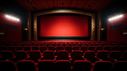 Fototapeta premium Movie or theater auditorium with red seats and spotlights. Cinema background