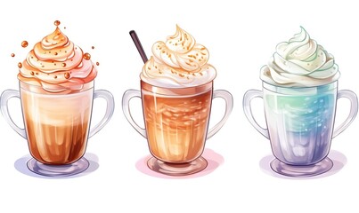 watercolor illustration with grungy texture, frappe ice coffee, collection set isolated on white background,  idea for junk journal or scrapbook design, generative Ai