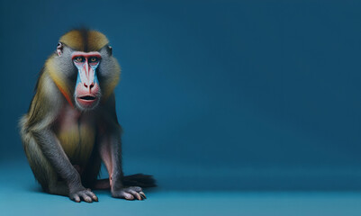 Portrait of a lonely mandrill on a blue background, generative ai