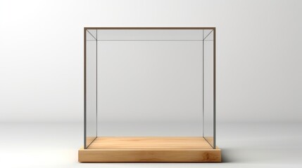 An empty square glass display case with a wooden base on an isolated white studio background - 3D render.


