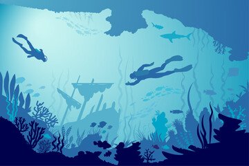 Underwater landscape with divers, silhouettes of sunken ship, fish and seaweed. Vector illustration