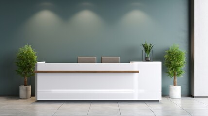 Minimalist reception desk stands in a contemporary office space - obrazy, fototapety, plakaty
