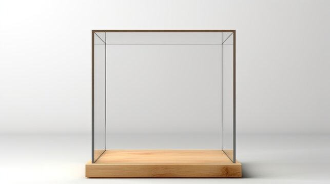 An empty square glass display case with a wooden base on an isolated white studio background - 3D render.


