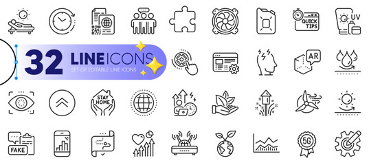Outline set of 5g technology, Graph phone and Sun protection line icons for web with Puzzle, Globe, Cogwheel settings thin icon. Trade infochart, Wifi, Time change pictogram icon. Vector