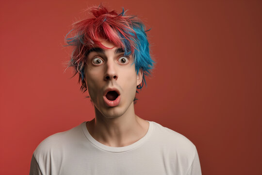 Surprised pin up style man with retro hairstyle, bright color background. young man expressing surprise and shock emotion with his mouth open and wide open eyes. isolated on color background