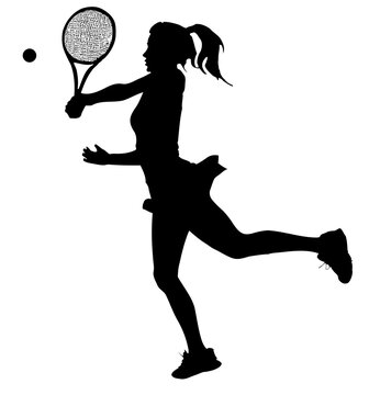 Tennis Player Silhouettes - Woman or Girl Playing Running Stroke