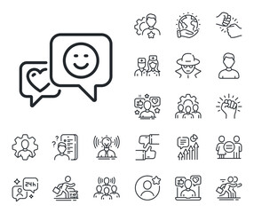 Favorite like sign. Specialist, doctor and job competition outline icons. Heart and Smile line icon. Positive feedback symbol. Smile line sign. Avatar placeholder, spy headshot icon. Vector