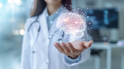 female doctor holding an abstract  brain in her hand, Neurology banner 