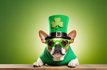 St.Patrick 's Day. A cute and funny dog in a green top hat, glasses and a green T-shirt, sits at a table on a green background. Concept. Copy space.