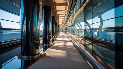 Beautiful detail of a superyacht upper deck corridor reflection on the glass windows, featuring the yacht's architectural design.


