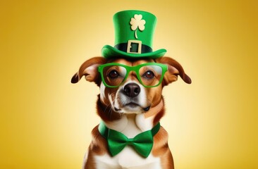 St.Patrick 's Day. Concept. A beautiful dog in a green top hat with a golden clover pattern, glasses and a bow tie close-up on a yellow background in the center.