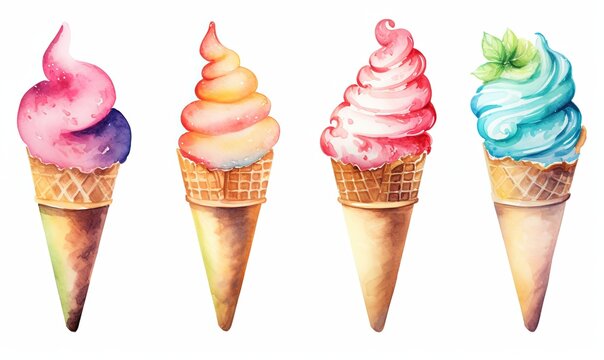  watercolor illustration with grungy texture, cute ice-cream cone with fresh fruit flavor, collection set isolated on white background, idea for junk journal or scrapbook design, generative Ai