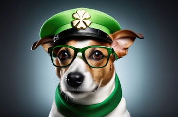 St.Patrick 's Day. Concept. A beautiful dog, Jack Russell breed, wearing a green cap with a golden clover pattern, glasses and a green scarf on a gray background in the center.