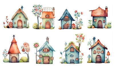  watercolor illustration with grungy texture, cute fairytale enchanted cottage, vintage house, collection set isolated on white background, idea for junk journal or scrapbook design, generative Ai