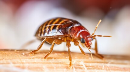 Fototapeta premium Bedbug Close up of Cimex hemipterus - bed bug on bed background , High quality photo.