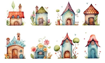  watercolor illustration with grungy texture, cute fairytale enchanted cottage, vintage house, collection set isolated on white background, idea for junk journal or scrapbook design, generative Ai