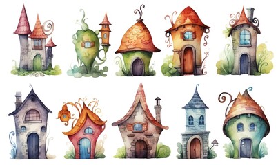  watercolor illustration with grungy texture, cute fairytale enchanted cottage, vintage house, collection set isolated on white background, idea for junk journal or scrapbook design, generative Ai
