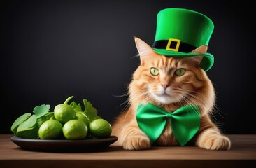 St.Patrick 's Day. Concept. A beautiful red Garfield cat, wearing a green Irish top hat and a bow tie, is at the table, next to a plate of greens on a black background.