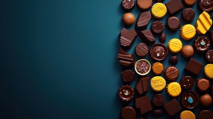 A bunch of different types of chocolates on a blue background - Powered by Adobe