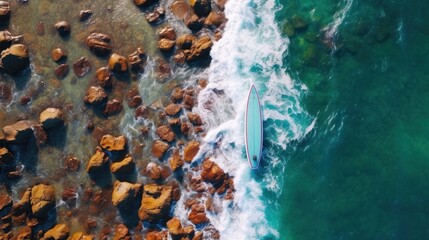 An aerial view of a surfboard in the water