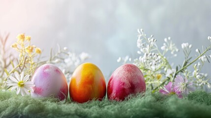 Fototapeta premium A group of eggs sitting on top of a lush green field