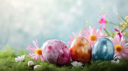 A group of easter eggs sitting on top of a lush green field