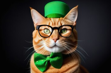 St.Patrick 's Day. A beautiful ginger cat in a green top hat, black glasses and a green bow tie around his neck on a black background. Concept.
