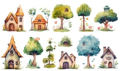 Gartenposter Feenwald  watercolor illustration with grungy texture, cute fairytale enchanted cottage, vintage house, collection set isolated on white background, idea for junk journal or scrapbook design, generative Ai