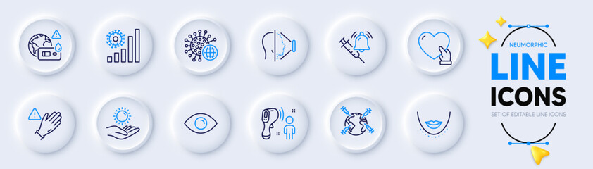 Covid test, Volunteer and Face id line icons for web app. Pack of Chin, Coronavirus, World vaccination pictogram icons. Use gloves, Eye, Sun protection signs. Coronavirus statistics. Vector