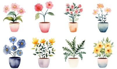 watercolor illustration with grungy texture, spring flower pot blossom, collection set isolated on white background, idea for junk journal or scrapbook design, generative Ai