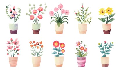 watercolor illustration with grungy texture, spring flower pot blossom, collection set isolated on white background, idea for junk journal or scrapbook design, generative Ai