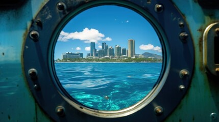 Obraz na płótnie Canvas Bubbles visible through the porthole of a submarine surfacing in front of Waikiki Beach in Honolulu, Hawaii.