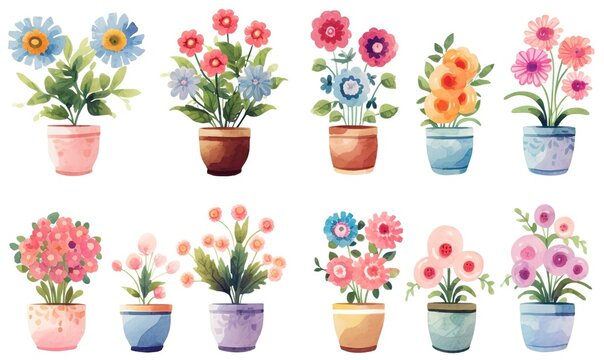 watercolor illustration with grungy texture, spring flower pot blossom, collection set isolated on white background, idea for junk journal or scrapbook design, generative Ai