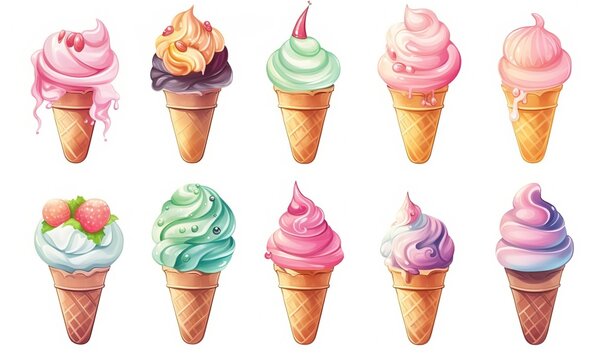  watercolor illustration with grungy texture, cute ice-cream cone with fresh fruit flavor, collection set isolated on white background, idea for junk journal or scrapbook design, generative Ai